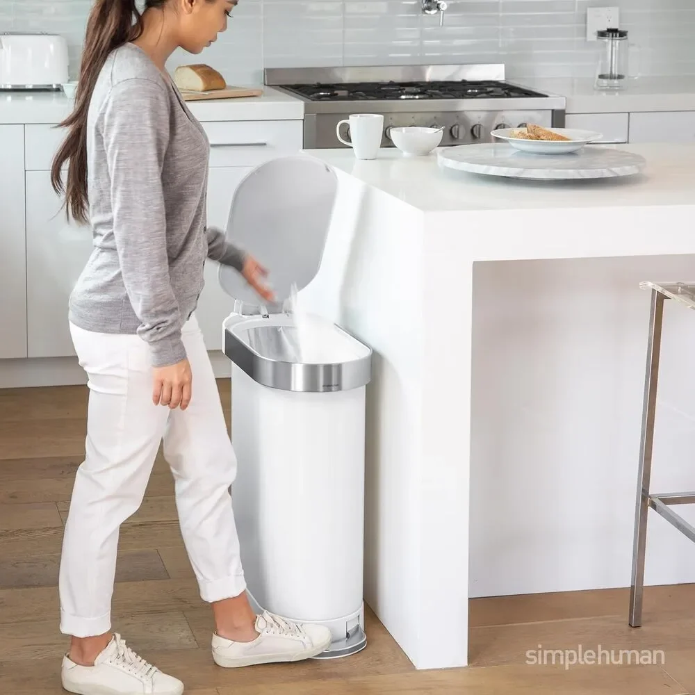 12 Gallon Step Trash Can White Stainless Steel Slim Kitchen Bin Hands Free 45L